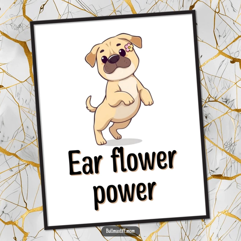Funny Bullmastiff digital art print of a dog with a flower in its ear, prancing gracefully, perfect for an elegant home gallery.