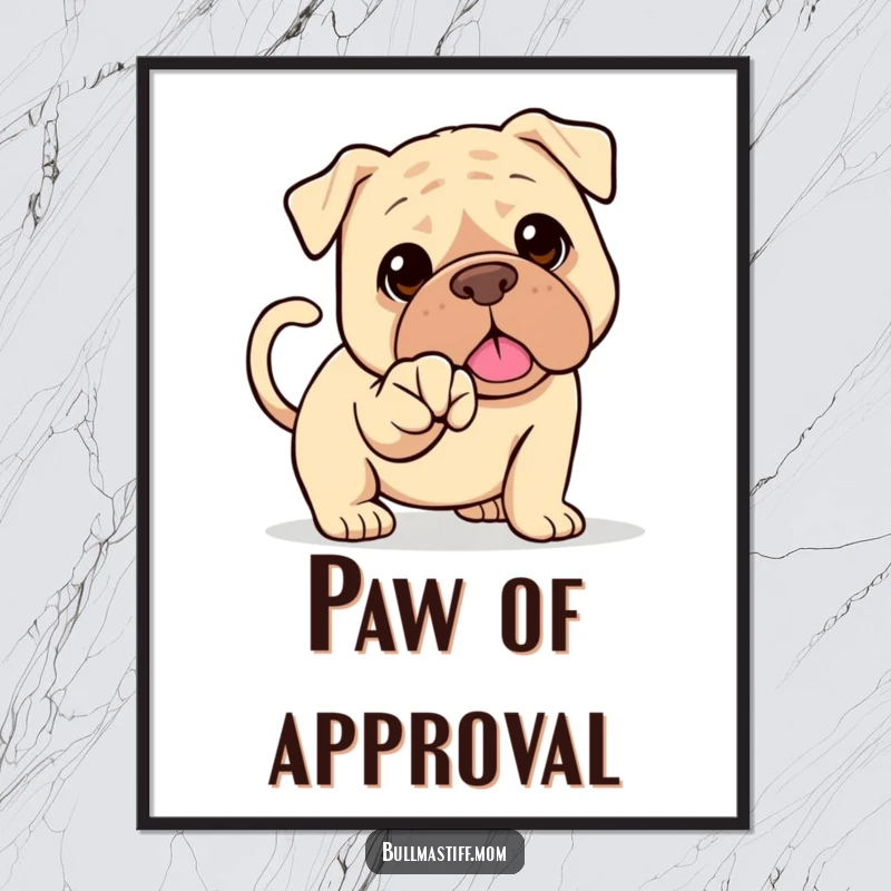 Funny Bullmastiff digital art print of a happy dog with a wagging tail offering its paw for a handshake. Friendly decor gift.