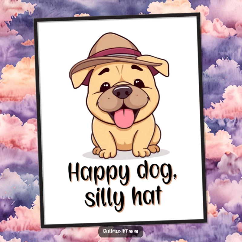 Funny Bullmastiff Digital Art Print of a happy dog in a silly hat, barking with joy, perfect for instant humorous decor.