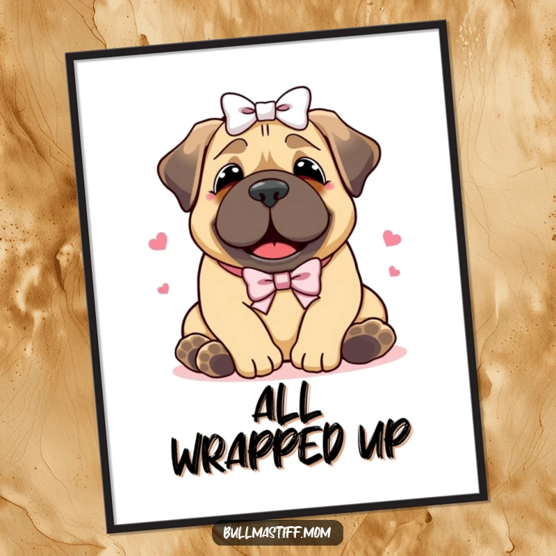 Funny Bullmastiff digital art print of a happy dog with a bow receiving a hug, perfect for a heartwarming and joyful home gallery.