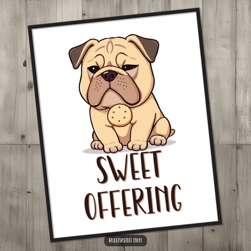 Funny Bullmastiff dog with a sly wink presenting a single delicate tea biscuit, designed as humorous digital art.