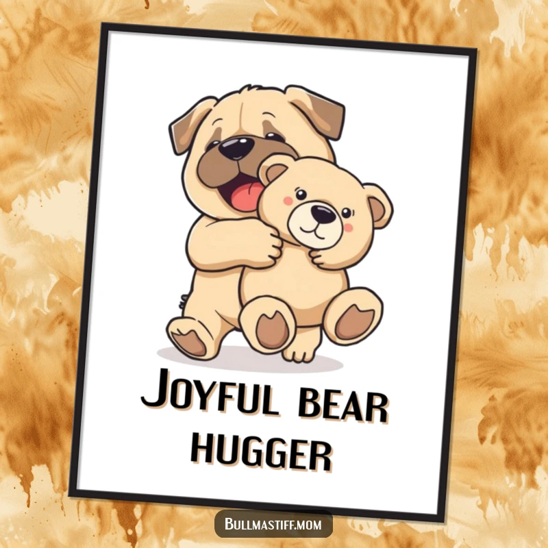 Funny digital art print of a happy Bullmastiff carrying a large teddy bear, perfect for wall art.