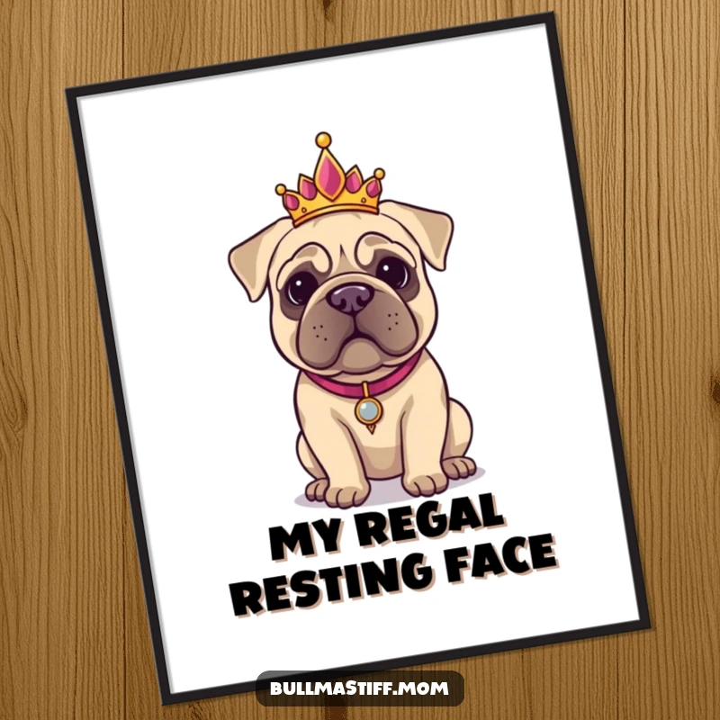 Funny Bullmastiff wearing a fancy tiara, posing majestically, perfect for a regal and humorous digital art print.