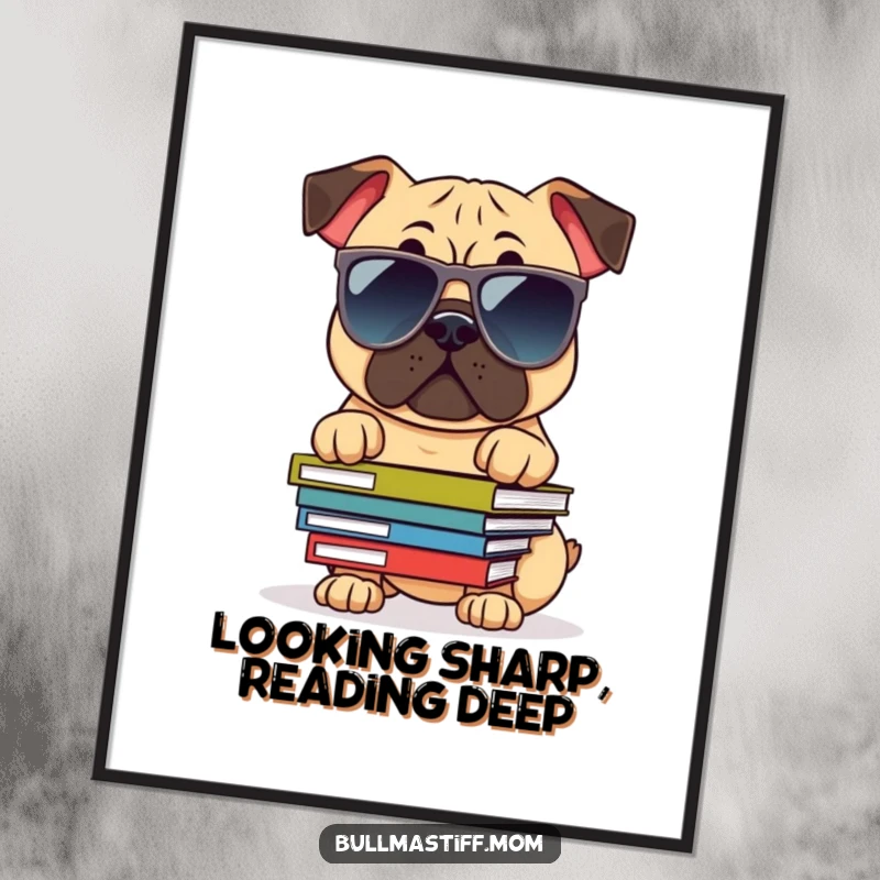 Funny Bullmastiff Digital Art Print: Dog in sunglasses balancing books, exuding intelligence, coolness, and humor.
