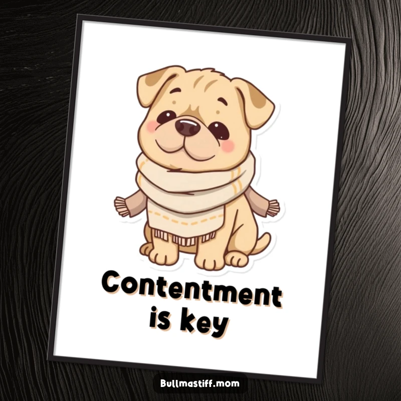 Funny Bullmastiff digital art print of a content dog wearing a soft scarf, radiating cozy charm and humor. Instant download gift.