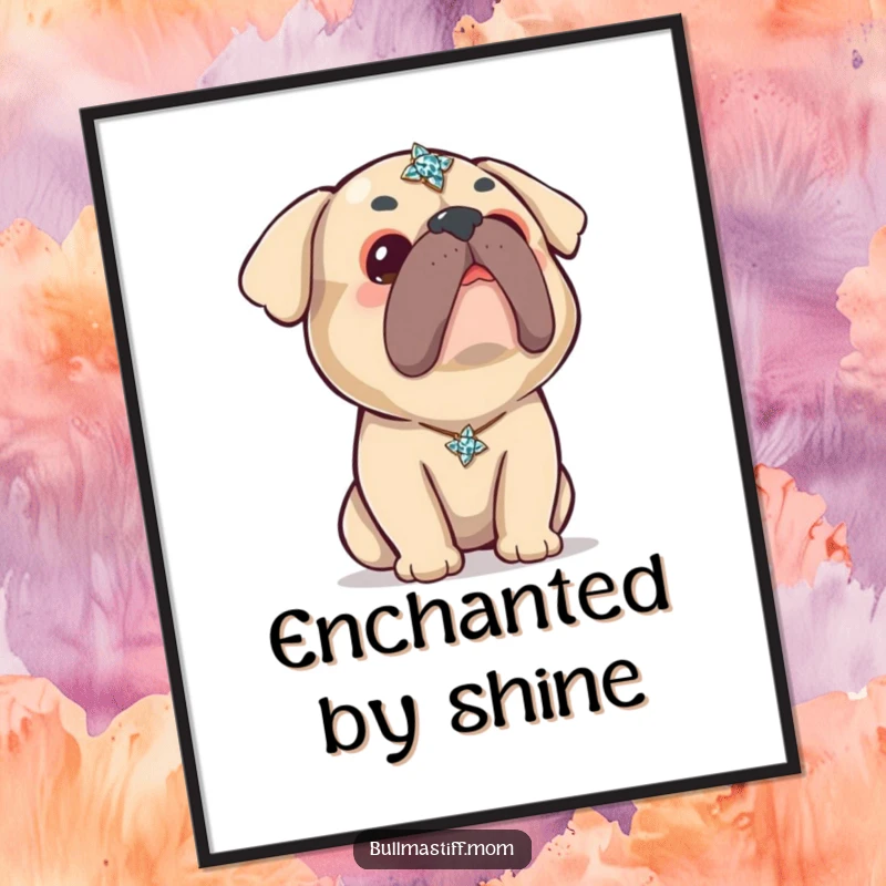 Funny Kawaii Bullmastiff Digital Art Print: A super cute Bullmastiff looks up curiously at a sparkling brooch, bringing kawaii charm to your decor.