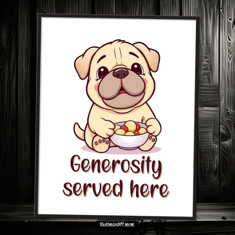 Funny Treat-Giving Bullmastiff Digital Art Print: A cheerful Bullmastiff offers a treat, creating a heartwarming and generous piece of wall art.