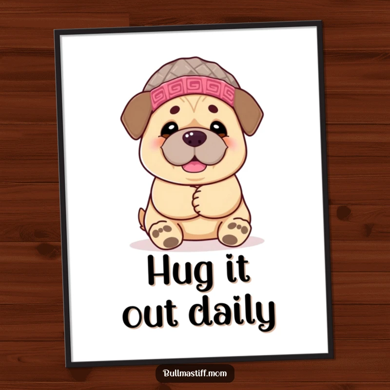 Funny Bullmastiff digital art print of a chemoerful dog in a knitted hat, offering a big, comforting, and humorous hug.