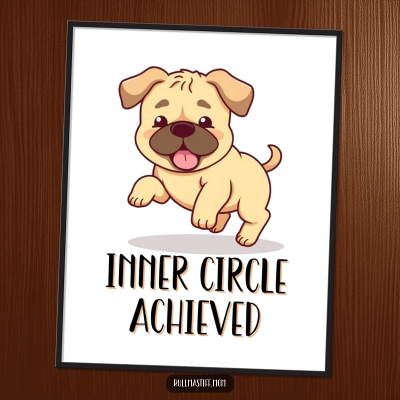 Funny Bullmastiff digital art print of a happy dog with floppy ears spinning in a tail-chasing frenzy. Humorous gift.