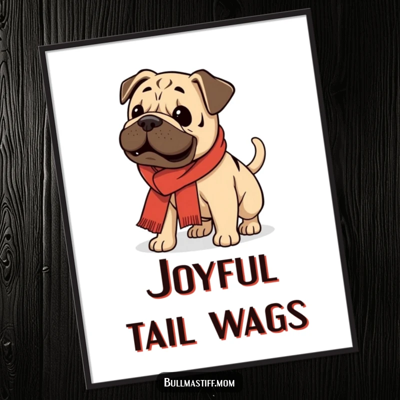 High-resolution digital art print of a funny Bullmastiff wearing a scarf, wagging its tail enthusiastically.