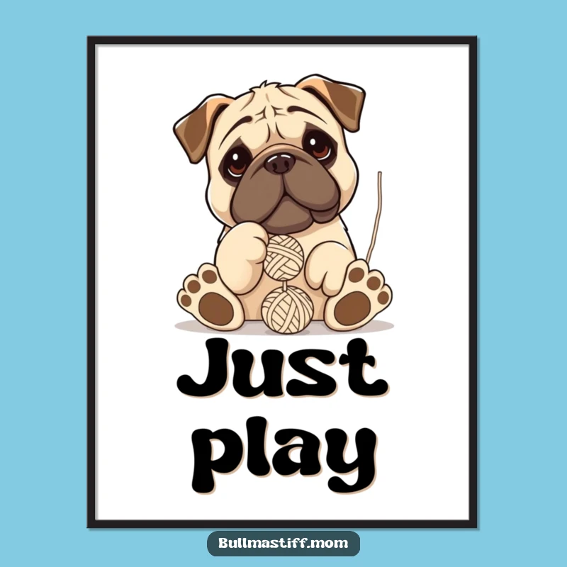 Funny Bullmastiff Digital Art Print: Playful Paws and Yarn Shenanigans