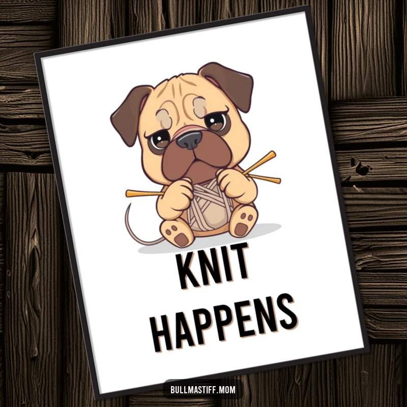 Funny Bullmastiff digital art print: a determined dog attempting to knit with yarn and needles, humorous craft scene.