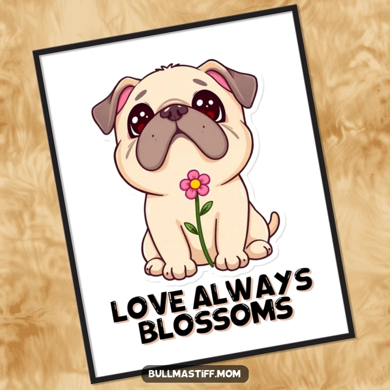 Sweet Bullmastiff flower digital art print, a dog with a flower in its fur looking up adoringly, ideal for decor.