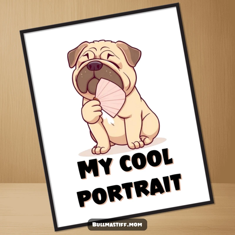 Funny Bullmastiff digital art print of a large dog fanning itself with a delicate fan, offering humorous sophistication.