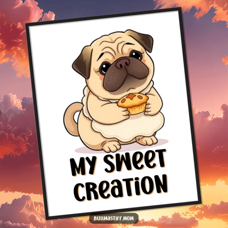Funny Bullmastiff digital art print of a dog in a fluffy apron holding a tiny pie, radiating baking charm.