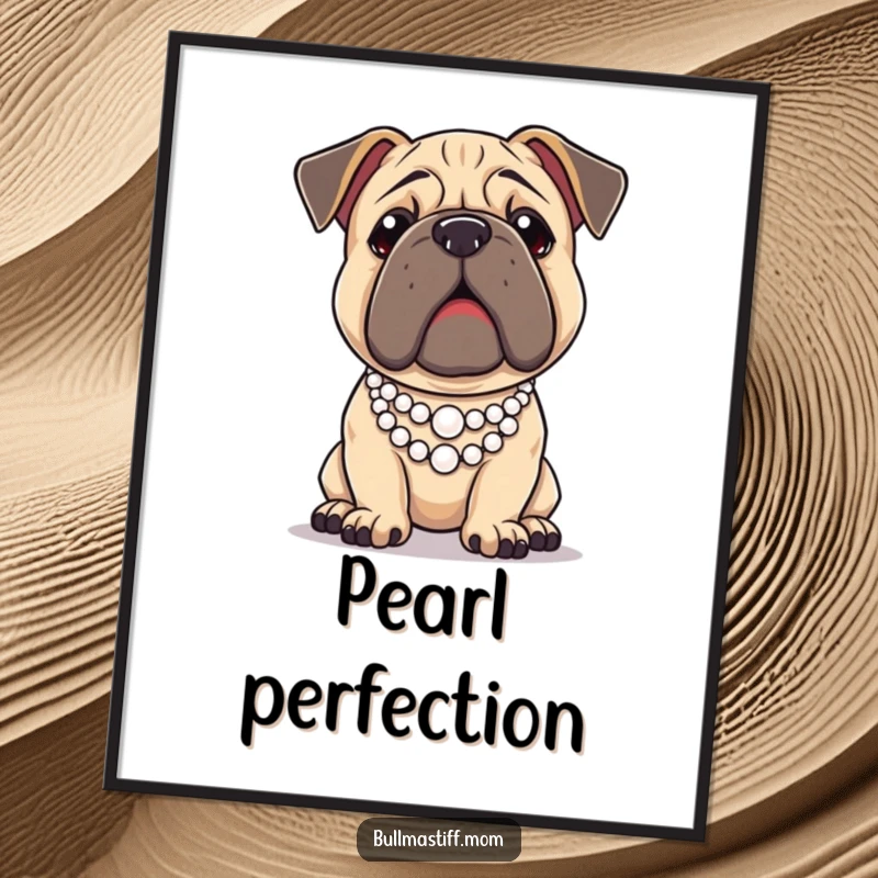 Funny Bullmastiff dog wearing a tiny pearl necklace and striking a regal pose, designed as elegant digital art.