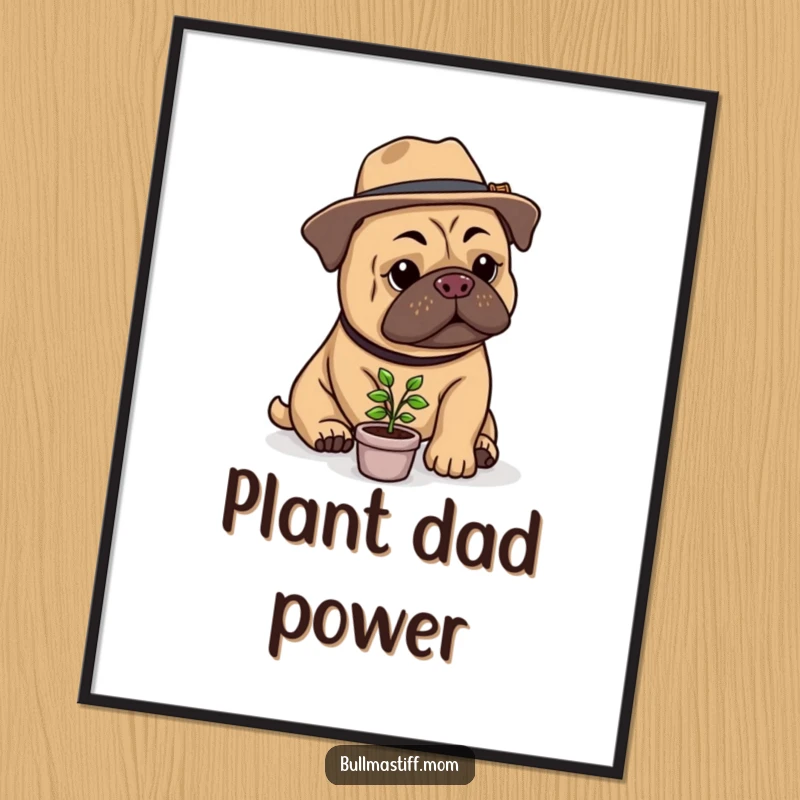 Funny Bullmastiff Gardener Digital Art Print: A sophisticated Bullmastiff in a hat tends a small plant, conveying warmth and humor.
