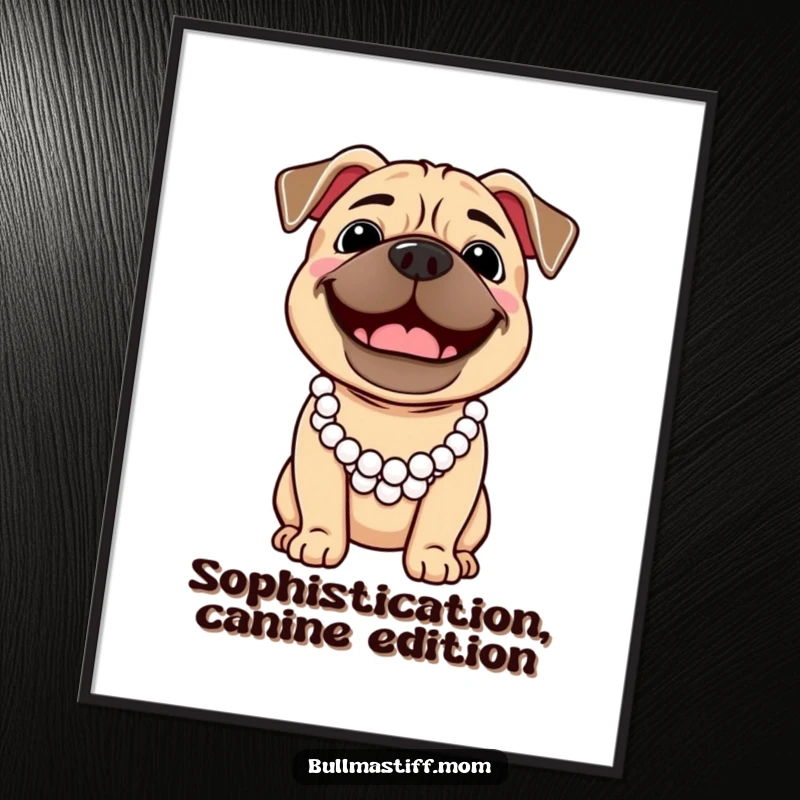 Funny Bullmastiff dog wearing a pearl necklace, smiling broadly, available as instant digital art.