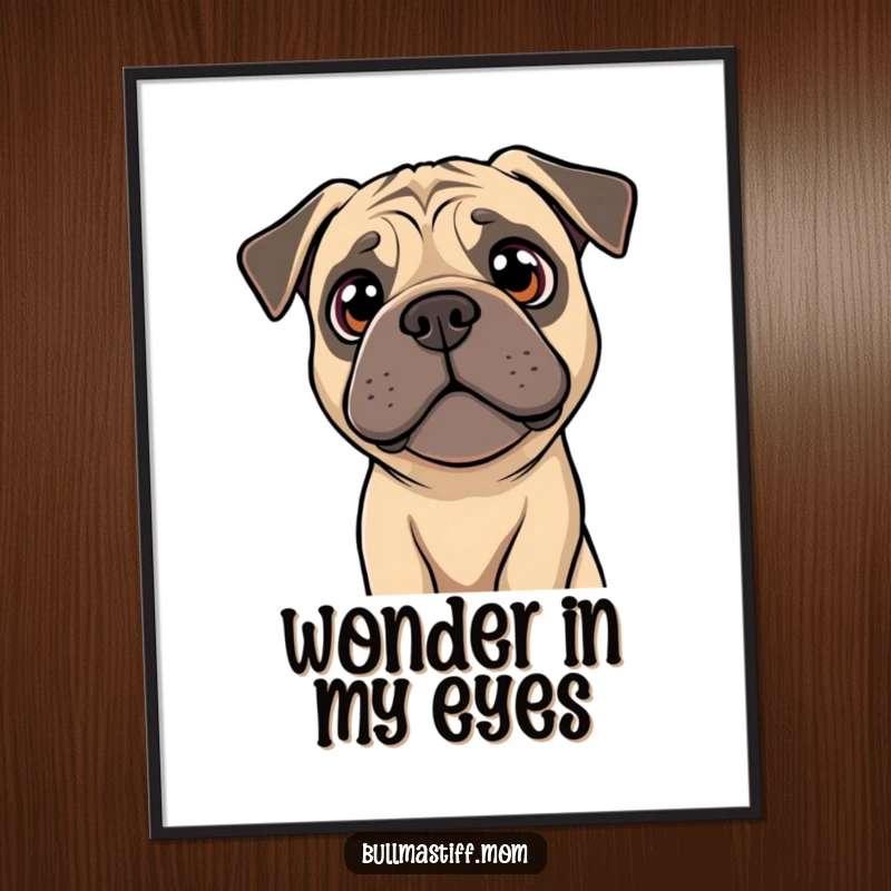 Funny Bullmastiff digital art print of a dog tilting its head with bright, curious eyes, full of wonder.