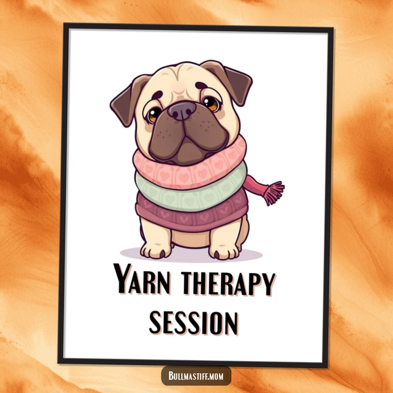 Funny Bullmastiff knitting a scarf, a whimsical digital art print for home decor, full of canine charm.