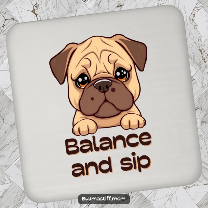 Funny Bullmastiff coaster showing a dog with big, soulful eyes trying to balance a cookie on its nose.