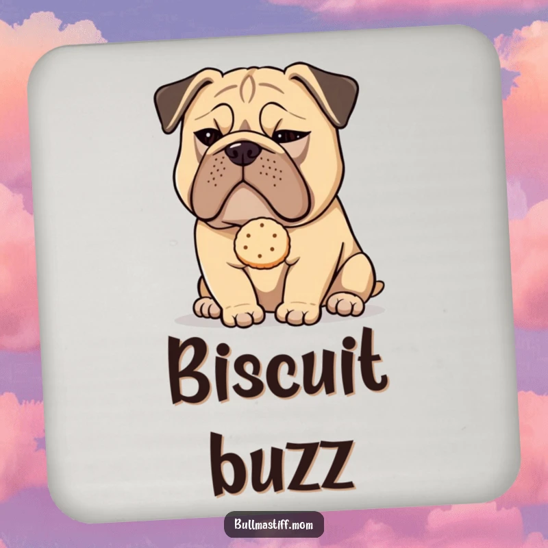 Funny Bullmastiff dog with a sly wink offering a tea biscuit, ideal for protecting surfaces on this coaster set.