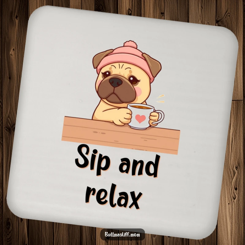 Funny Bullmastiff tea coaster, a dog in a warm hat offering tea, protecting surfaces with charm.