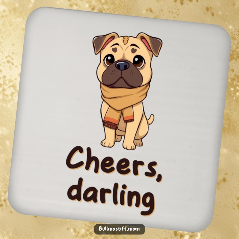 Funny Bullmastiff dog wearing a fashionable scarf, looking sophisticated, designed on a protective drink coaster.