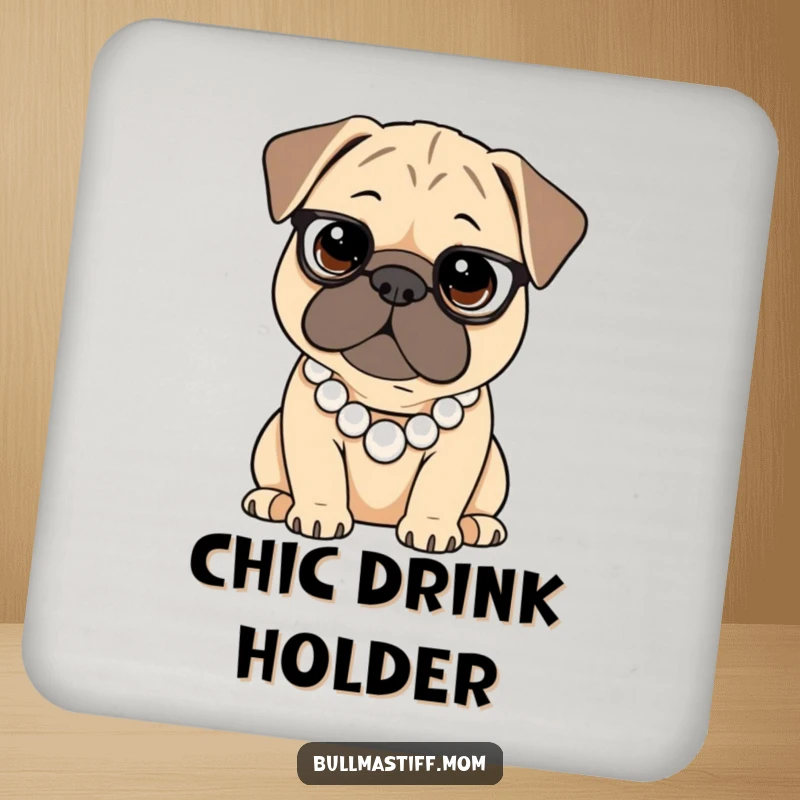 Funny Bullmastiff coaster showing a dog wearing a pearl necklace, protecting surfaces with sophisticated charm.