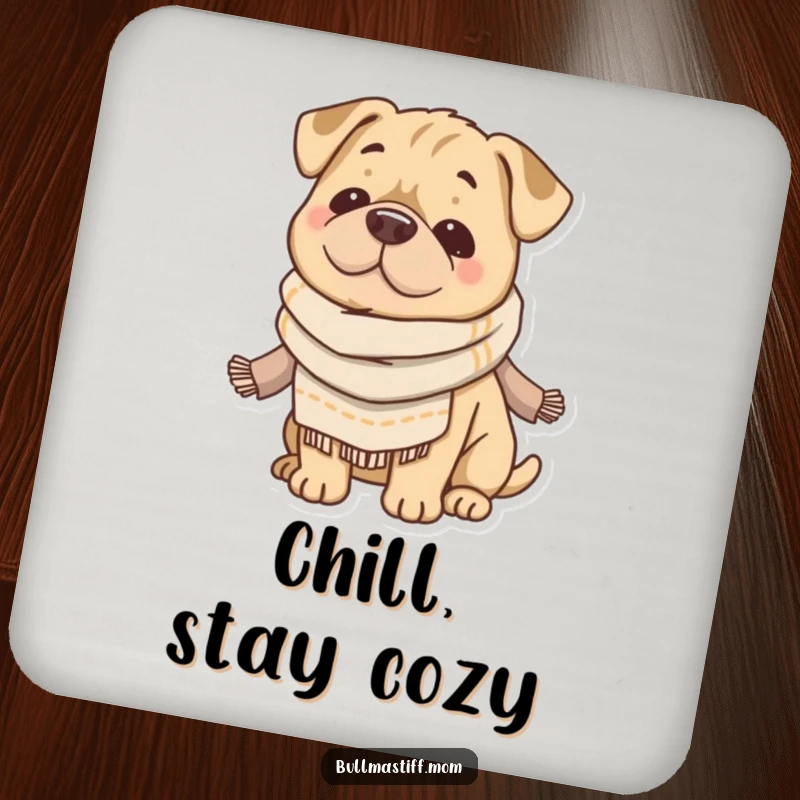 Funny Bullmastiff coaster featuring a content dog in a soft scarf, adding cozy humor to your tabletops. Perfect gift.
