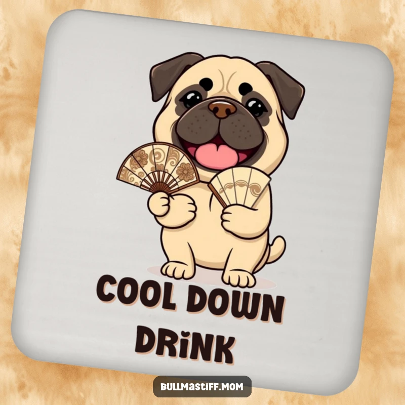 Funny Bullmastiff Coaster: A cheerful bullmastiff holds an ornate fan, protecting surfaces with joy.