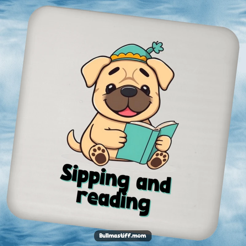 Funny Bookish Bullmastiff Coaster: A smiling Bullmastiff wearing a hat reads a book, adding literary charm and surface protection.
