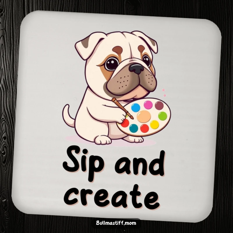 Funny Bullmastiff artist coasters featuring a happy dog with a paint palette, protecting furniture with art.