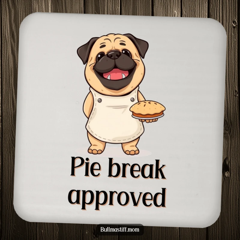 Funny Bullmastiff coaster with a happy dog in an apron, proudly holding a baked pie, offering protection and humor.