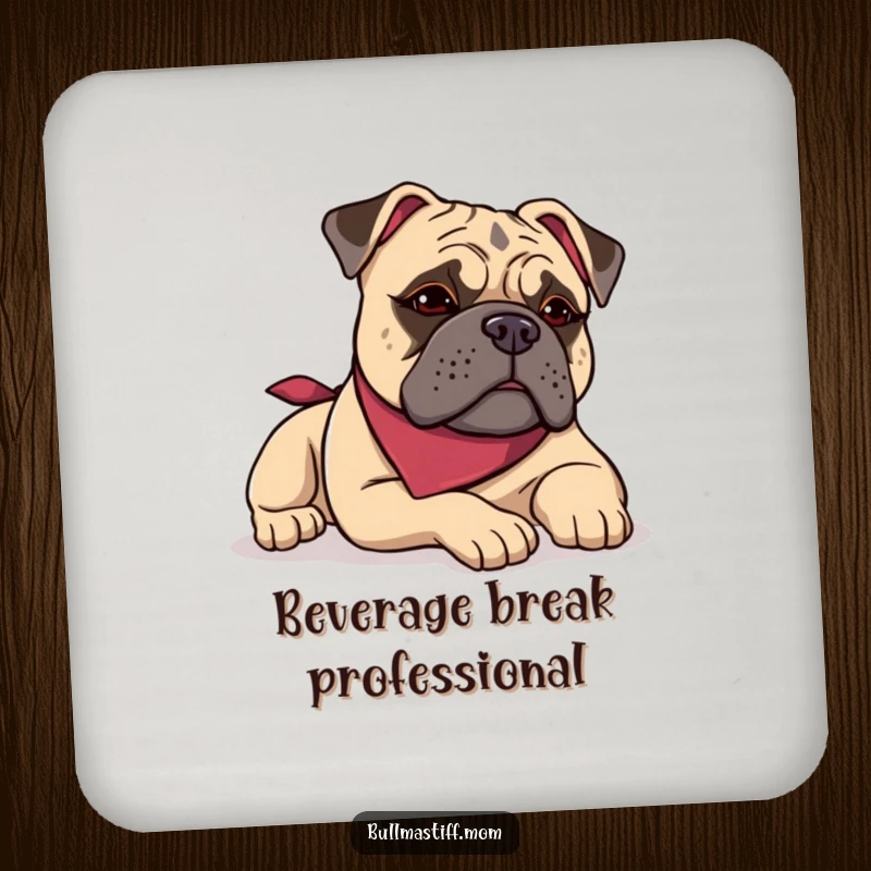 Funny Bullmastiff coaster set showing a dog in a bandana lounging with a satisfied sigh, protecting surfaces humorously.