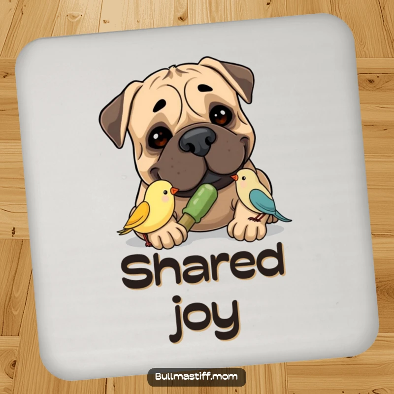 Funny Bullmastiff Drink Coasters showcasing a smiling Bullmastiff sharing a chew toy with a tiny bird, protecting surfaces with humor.