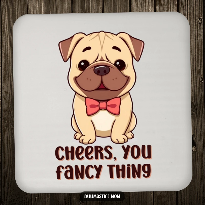 Funny Bullmastiff coasters with a dog wearing a bow tie and smiling, offering stylish protection for surfaces.