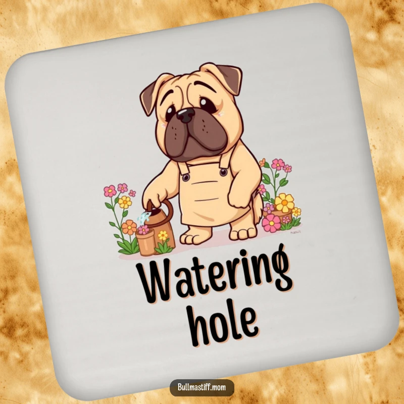Funny Bullmastiff Coaster: A Bullmastiff dog wearing a gardening apron is depicted watering a flower.