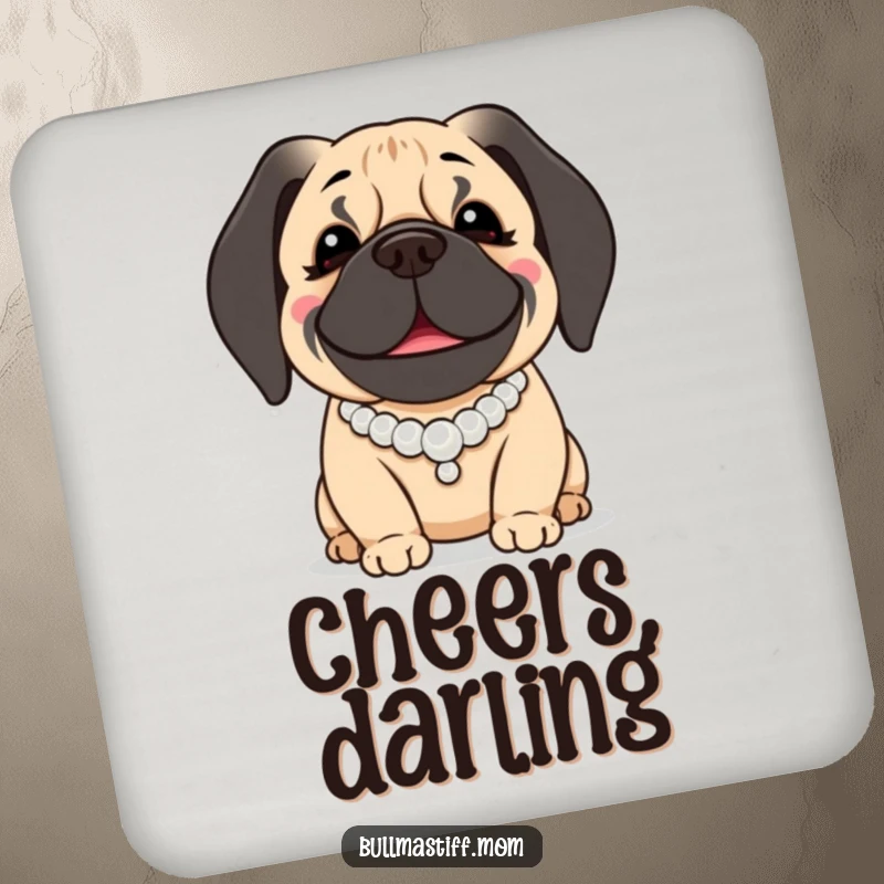 Funny Bullmastiff Coaster: A smiling Bullmastiff dog wears a pearl necklace, ready to guard your table.
