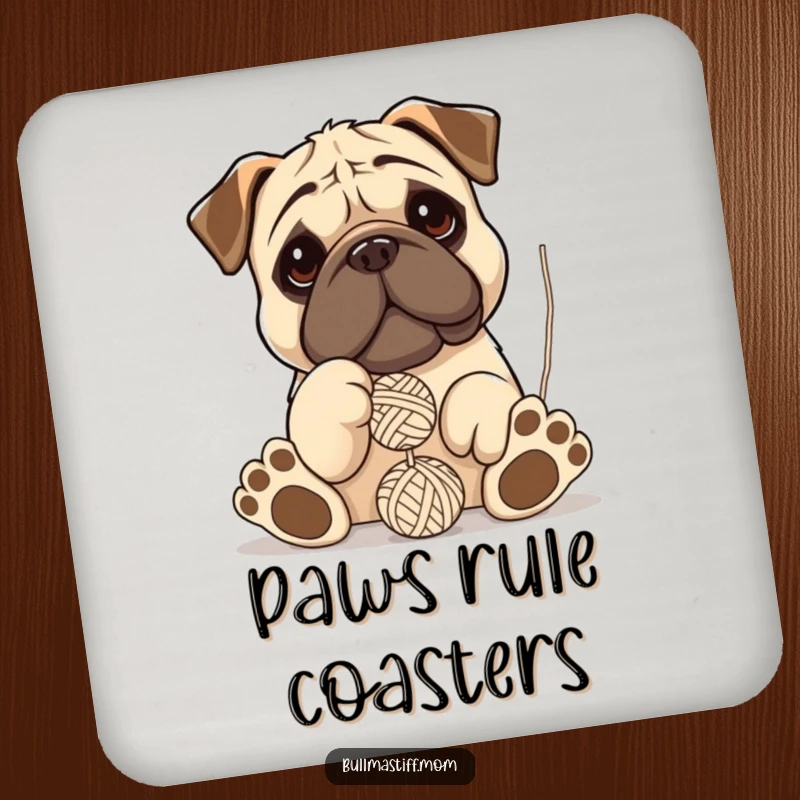 Funny Bullmastiff coaster showing an oversized-pawed dog hilariously playing and batting at a dangling ball of yarn.
