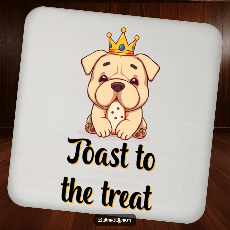 Funny Bullmastiff with a tiny crown, eating a treat, depicted on a humorous and regal coaster.