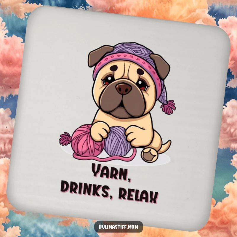 Funny Bullmastiff dog wearing a knit hat, happily playing with yarn, on a drink coaster, a small funny gift.