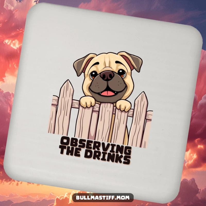 Funny Bullmastiff coasters showing a curious dog happily peeking over a fence, protecting surfaces with playful charm and humor.