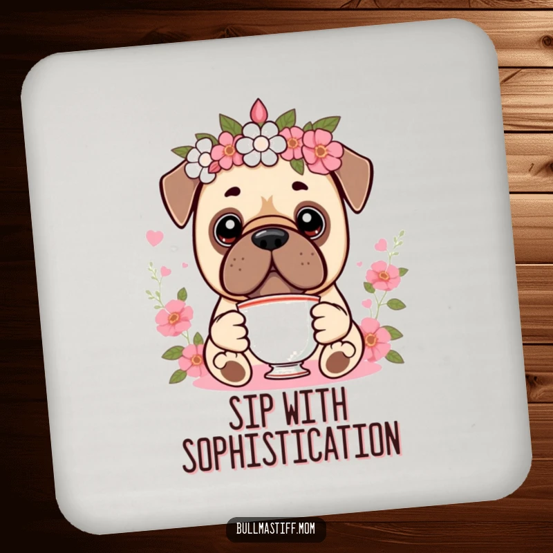 Funny Kawaii Bullmastiff Coasters depicting a cute dog wearing a floral crown and holding a teacup, offering elegant protection and humor.