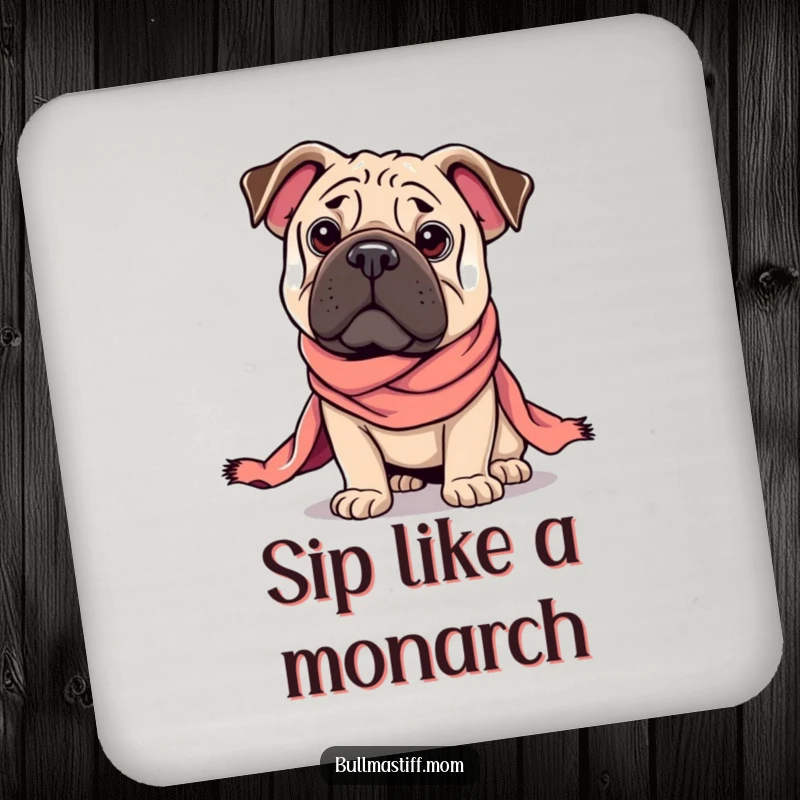Funny Regal Bullmastiff coaster set featuring a dog in a majestic pose, draped in a silk scarf, protecting surfaces with dignity.