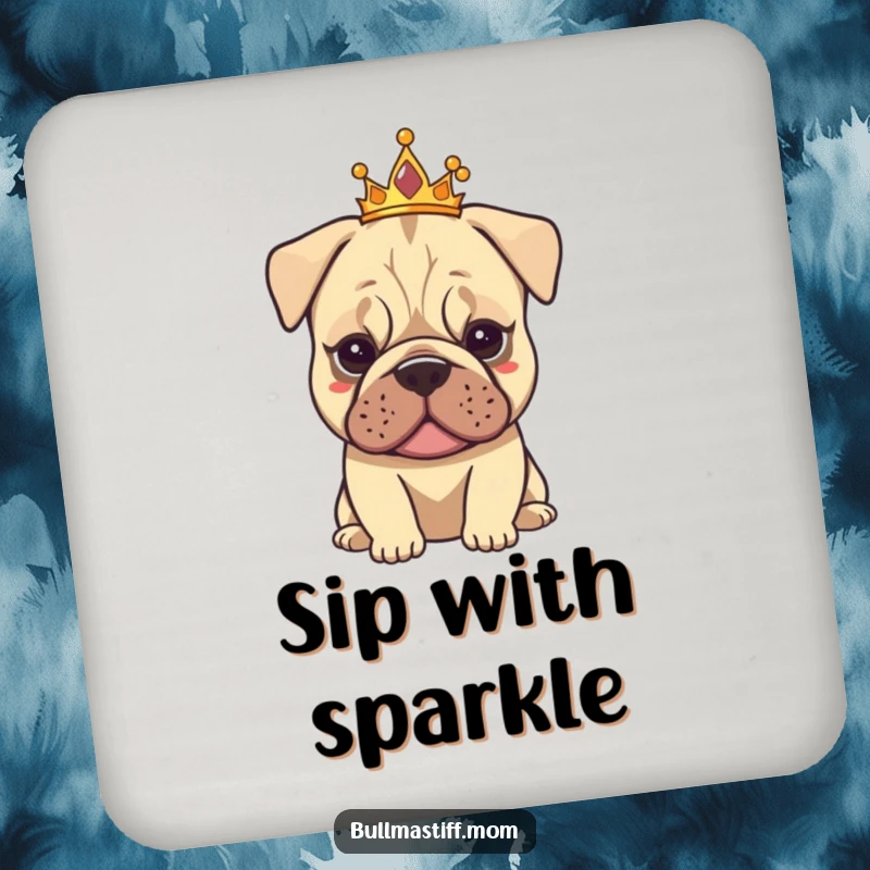 Funny Tiarad Bullmastiff coaster set featuring a dog wearing a small tiara, exuding calm elegance, protecting surfaces with charm.