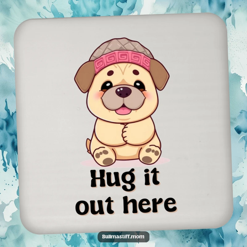 Funny Bullmastiff coaster with a chemoerful dog in a hat, paws outstretched for a welcoming, humorous hug.