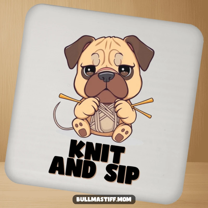 Funny Bullmastiff coaster showing a determined dog attempting to knit with yarn and needles.