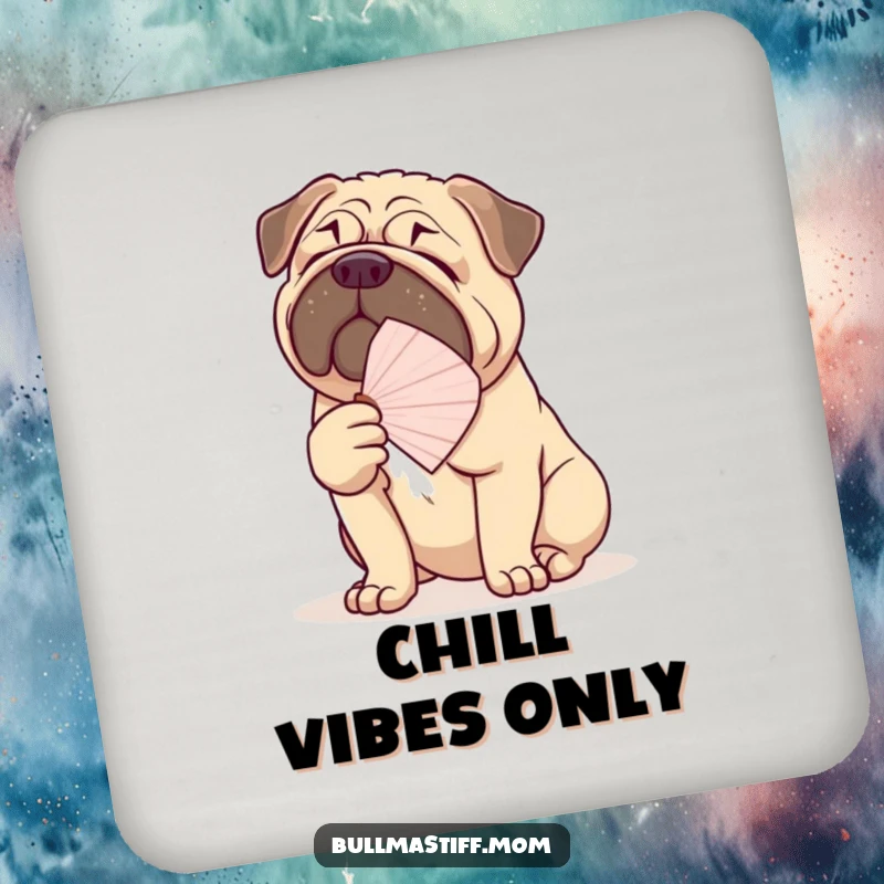 Funny Bullmastiff coaster showing a large dog fanning itself with a delicate fan, protecting surfaces with style.