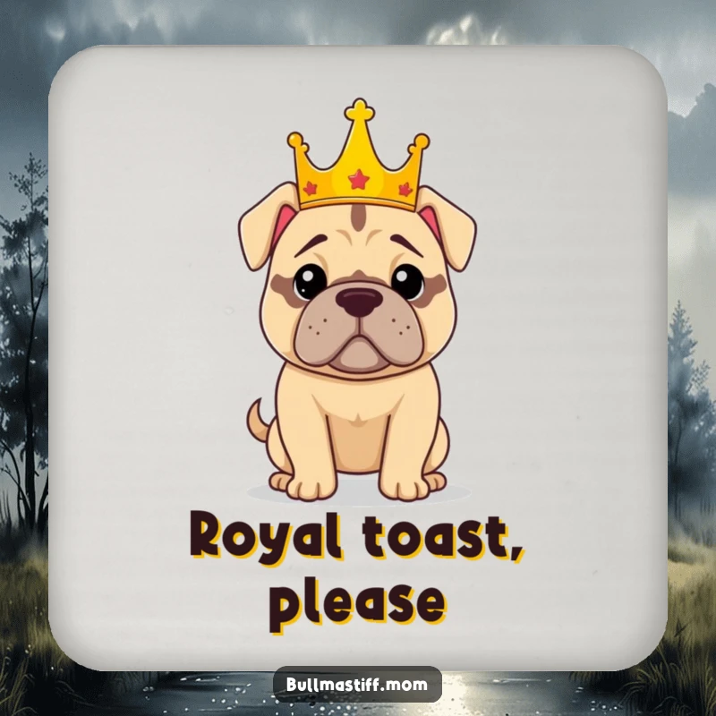 Funny drink coaster featuring a confident Bullmastiff wearing a crown, protecting surfaces with regal canine charm and dignity.